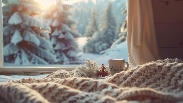 Foto una acogedora escena de invierno con una vista de árboles cubiertos de nieve fuera de la ventana