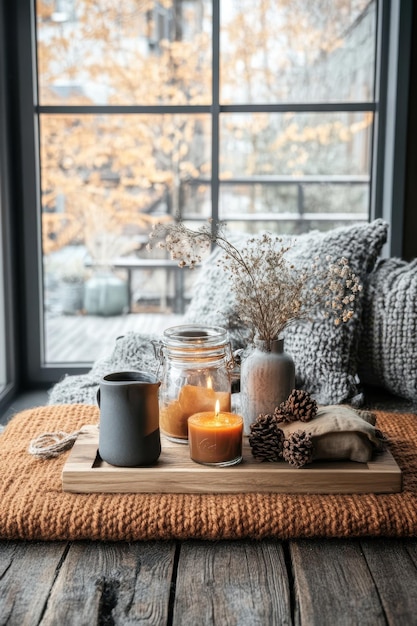 Acogedora escena de otoño junto a la ventana con velas y atmósfera cálida