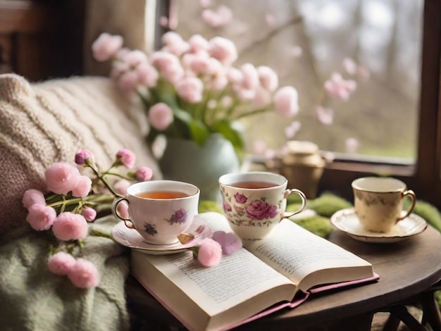 Una acogedora escena de primavera con un libro y una taza de té