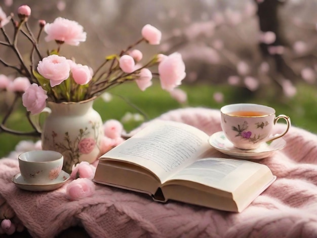 Una acogedora escena de primavera con un libro y una taza de té