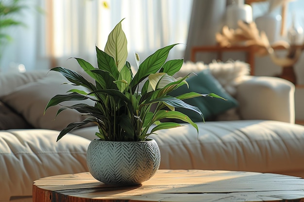 una acogedora escena de la sala de estar con una planta de lirio de paz en maceta verde en una olla blanca texturizada