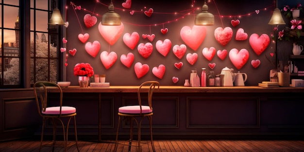 Una acogedora esquina de café adornada con la decoración del Día de San Valentín