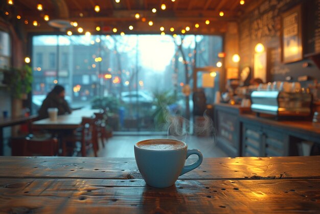 Foto acogedora esquina de la cafetería con clientes borrosos y tazas humeantes