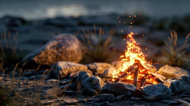 Una acogedora fogata arde brillantemente rodeada de rocas grises lisas