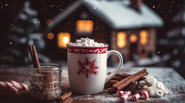 Acogedora foto navideña con una taza de cacao.