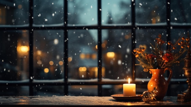 acogedora foto de una ventana con el suave resplandor de las guirnaldas navideñas