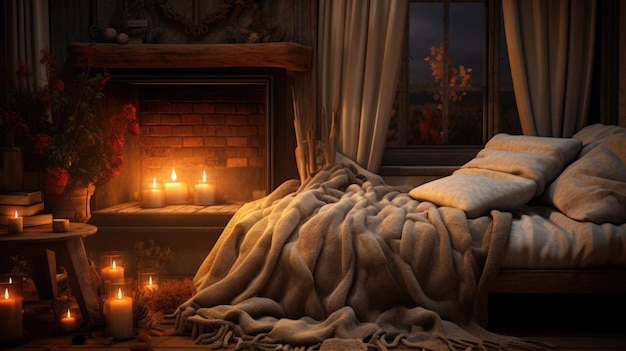 Una acogedora habitación con chimenea, velas y una manta ai