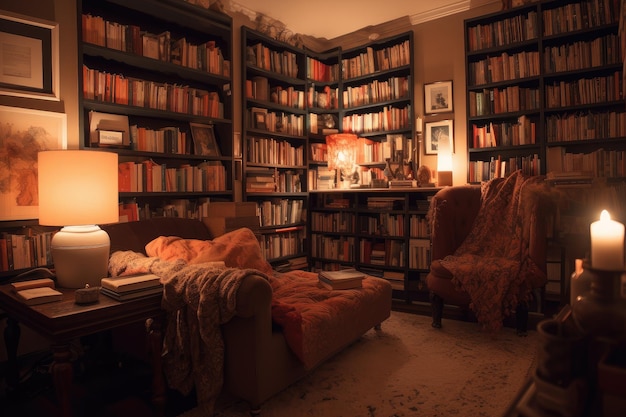 Acogedora habitación con iluminación cálida, lujosos asientos y muchos libros para leer.