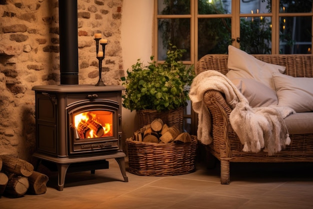 Acogedora habitación interior en una casa confortable con estufa de leña,  chimenea, puerta de cristal, cuerpo metálico y wic cercano