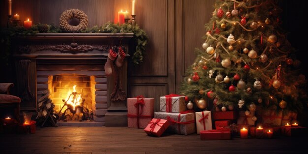 Foto acogedora habitación de navidad con un árbol decorado regalos velas y una chimenea