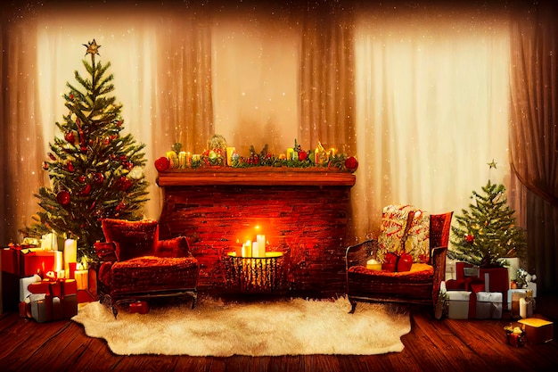 Acogedora habitación navideña vintage decorada con árbol de Navidad, chimenea, velas, juguetes