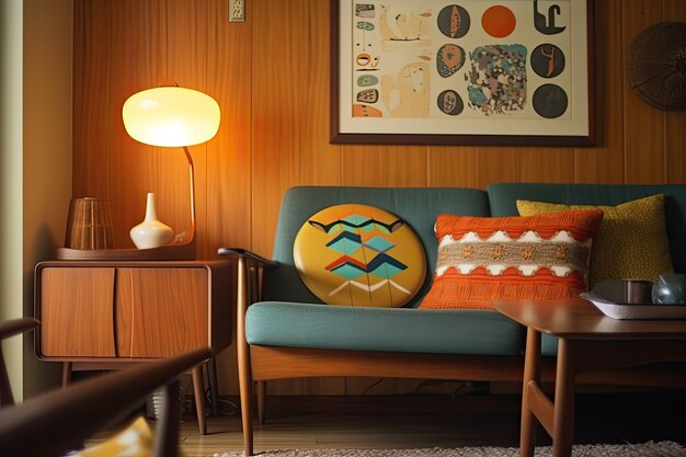 Foto acogedora habitación retro con arte de pared de muebles clásicos de mediados de siglo y cojines