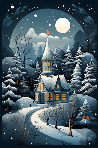 Acogedora ilustración vintage de una casa en un bosque nevado de invierno por la noche Tarjeta de felicitación navideña