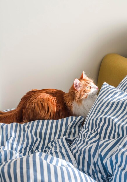 Acogedora mañana Un gato jengibre en una cama con ropa de cama de lino azul a rayas