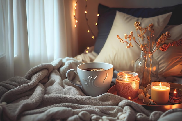 Acogedora mañana de invierno en casa con café caliente, manta cálida, velas, flores de lavanda de brezo