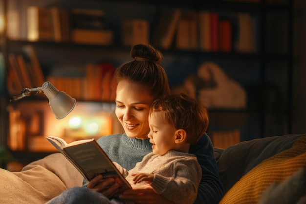 La acogedora maternidad Una conmovedora escena de una madre leyendo a su hijo para las mujeres