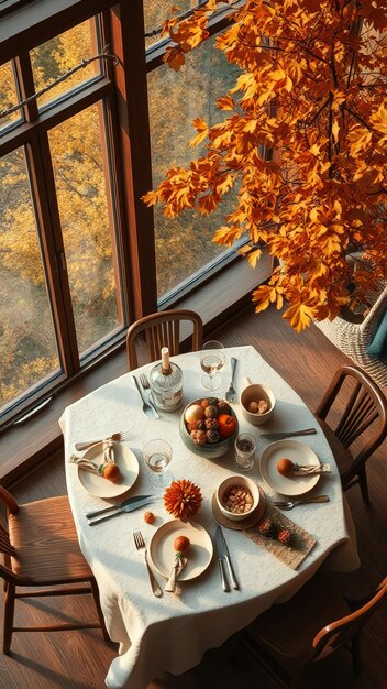 Una acogedora mesa de comedor en un cálido ambiente de otoño con ricos colores estacionales y elementos rústicos