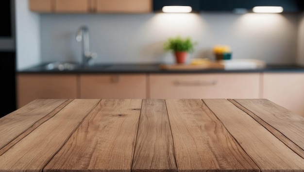 Una acogedora mesa de madera en una cocina moderna y luminosa, perfecta para las comidas.