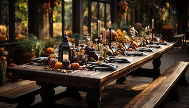 Acogedora mesa rústica de madera para una celebración de otoño con calabazas y centros de mesa con follaje de otoño