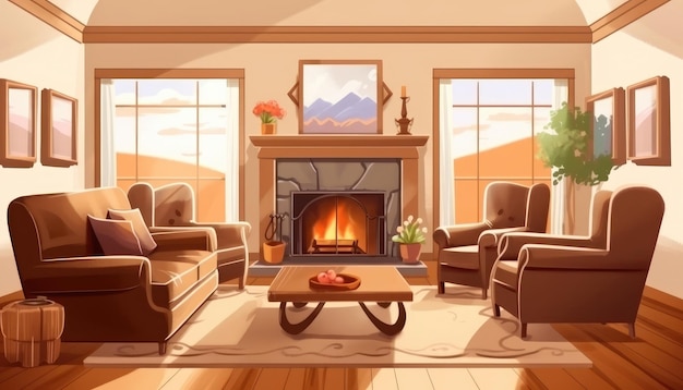 La acogedora y moderna sala de estar de una casa de campo cuenta con una chimenea de gas Ilustración IA generativa