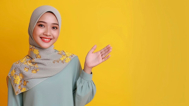 La acogedora mujer malaia extiende su mano sonriendo con los brazos abiertos la genuina hospitalidad capturada