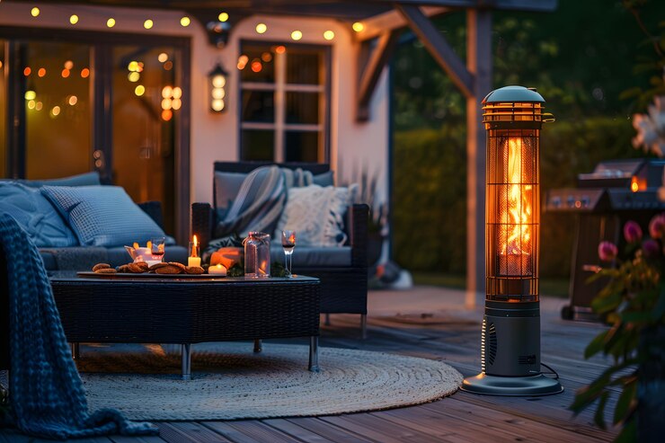 Una acogedora noche al aire libre con un calentador de patio y un ambiente cálido