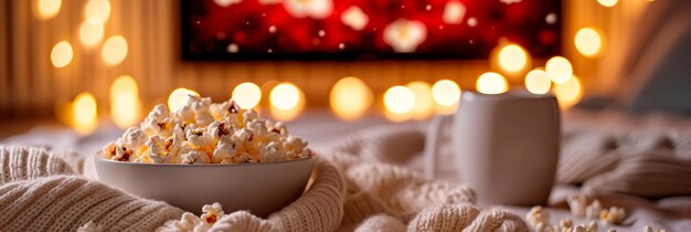 Una acogedora noche de cine en casa con una selección de películas románticas clásicas y aperitivos blancos