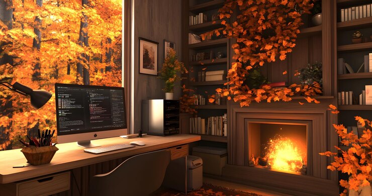 Foto acogedora oficina con ambiente de otoño y una chimenea