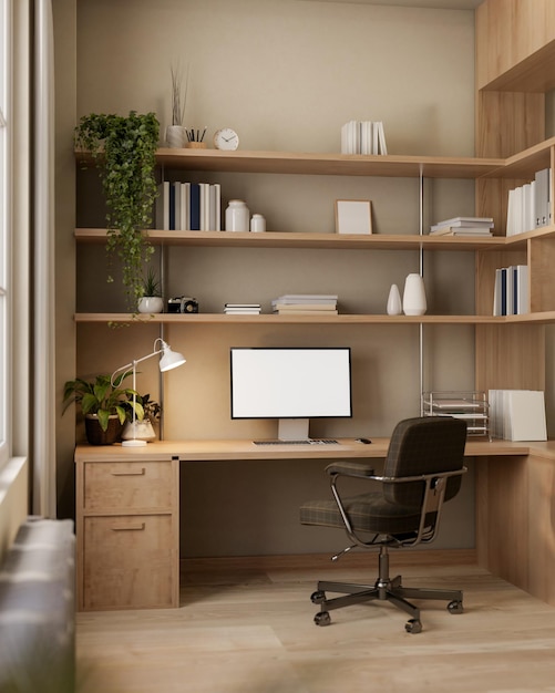 Una acogedora oficina contemporánea en el hogar o un espacio de trabajo privado cuenta con una computadora con una pantalla de maqueta