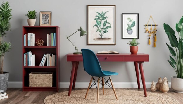 Una acogedora oficina moderna con plantas verdes y muebles elegantes