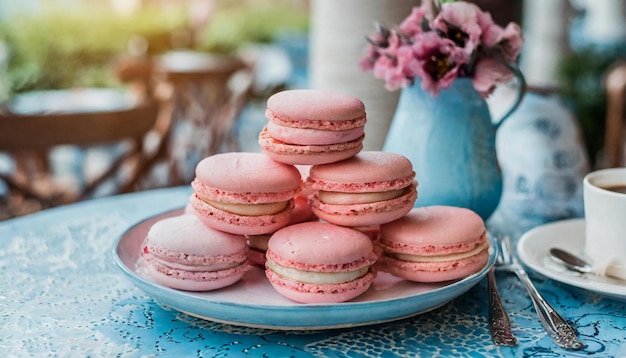 Acogedora pausa para el café con macarrones rosados en la mesa del café deliciosa bebida caliente y postre dulce tonos azules