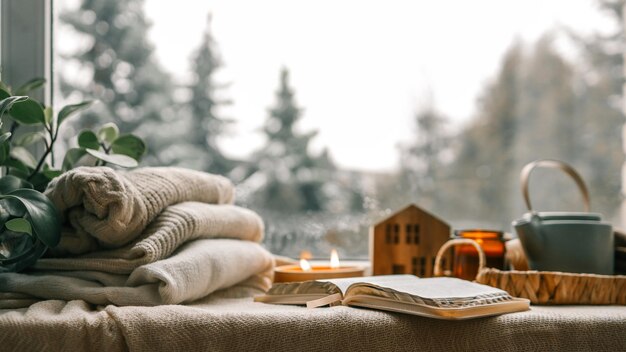 Acogedora pila de fotos de invierno de suéteres abierto té bíblico y vela