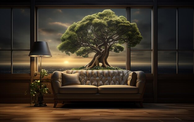 Foto acogedora sala de estar con árbol de esquina y cómodo sofá