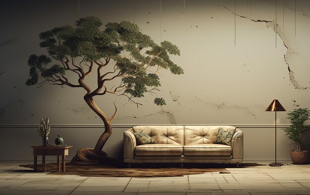 Foto acogedora sala de estar con árbol de esquina y cómodo sofá