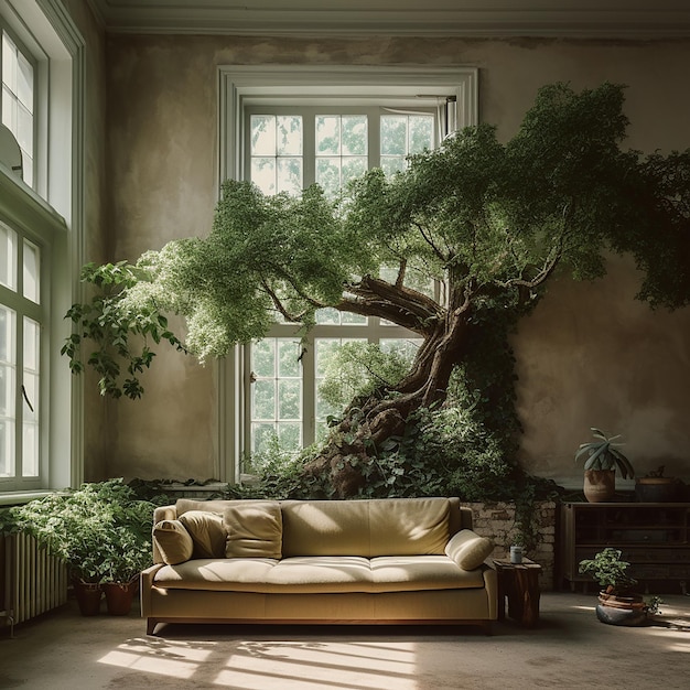 Foto acogedora sala de estar con árbol de esquina y cómodo sofá