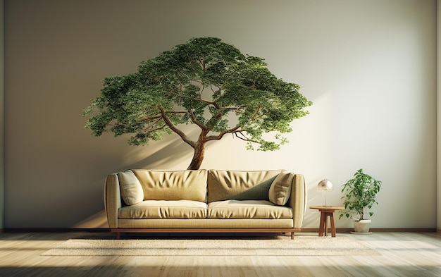 Foto acogedora sala de estar con árbol de esquina y cómodo sofá