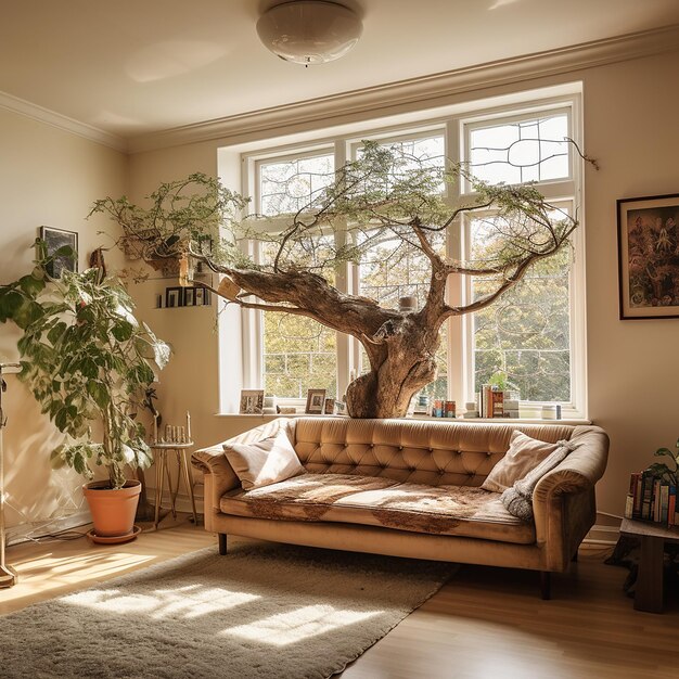 Foto acogedora sala de estar con árbol de esquina y cómodo sofá