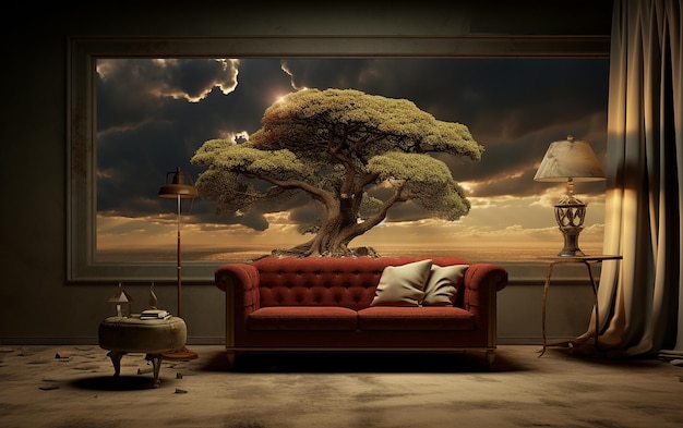 Foto acogedora sala de estar con árbol de esquina y cómodo sofá