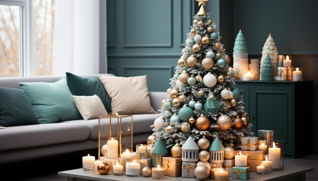 Acogedora sala de estar con árbol de Navidad iluminado y decoración de velas generada por IA