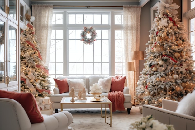 Acogedora sala de estar con árbol de Navidad y regalos rojos en un interior moderno Feliz fondo de Navidad