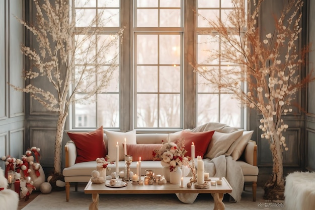 Acogedora sala de estar con árbol de Navidad y regalos rojos en un interior moderno Feliz fondo de Navidad