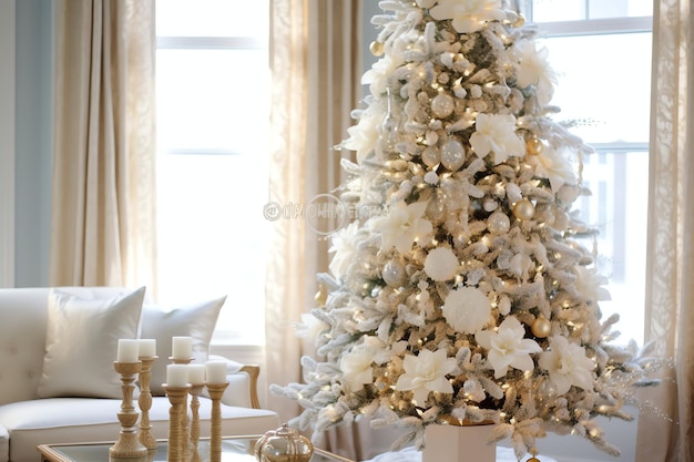 Acogedora sala de estar con árbol de Navidad y regalos rojos en un interior moderno Feliz fondo de Navidad