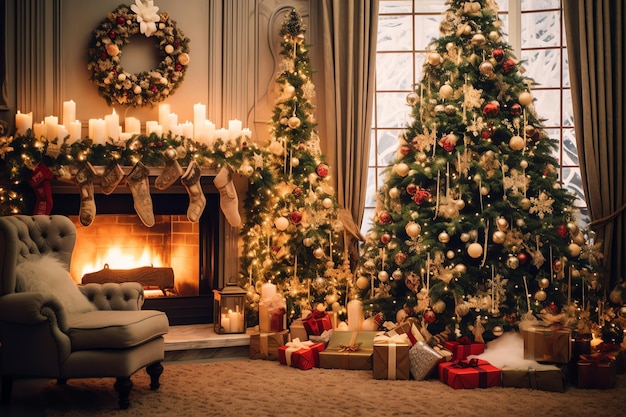 Acogedora sala de estar con árbol de Navidad y regalos rojos en un interior moderno Feliz fondo de Navidad