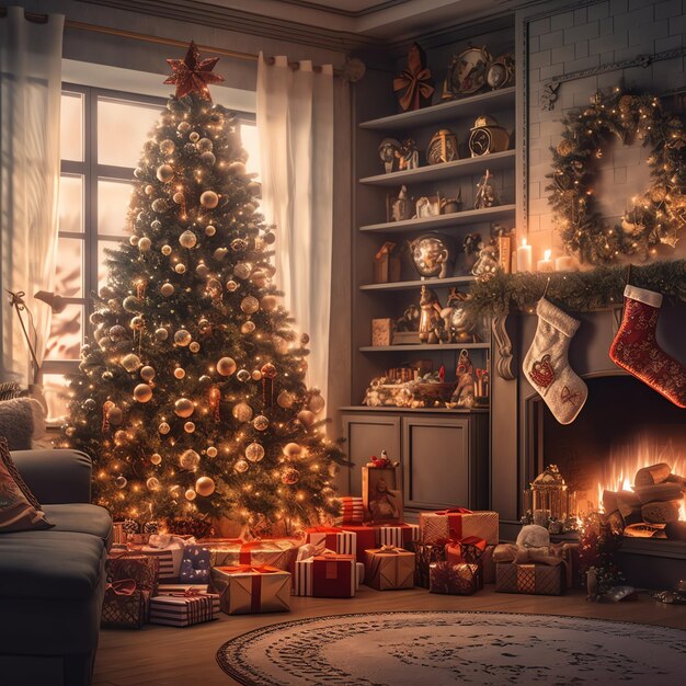 Acogedora sala de estar con árbol de Navidad y regalos rojos en un interior moderno Feliz fondo de Navidad