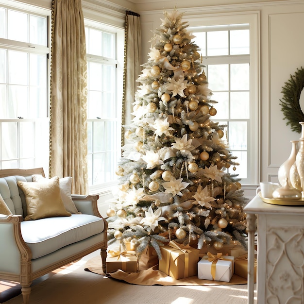 Acogedora sala de estar con árbol de Navidad y regalos rojos en un interior moderno Feliz fondo de Navidad