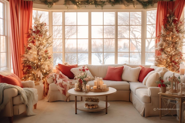 Acogedora sala de estar con árbol de Navidad y regalos rojos en un interior moderno Feliz fondo de Navidad