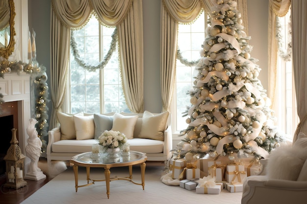 Acogedora sala de estar con árbol de Navidad y regalos rojos en un interior moderno Feliz fondo de Navidad