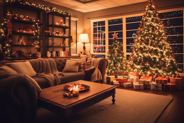 Acogedora sala de estar con árbol de Navidad y regalos rojos en un interior moderno Feliz fondo de Navidad