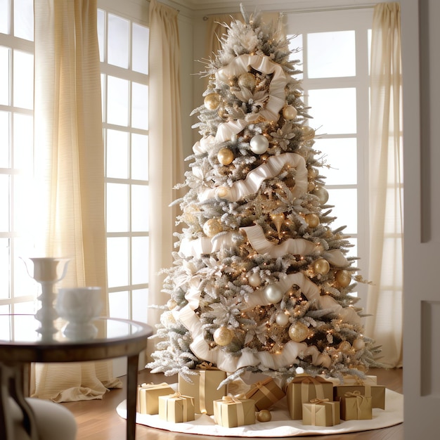 Acogedora sala de estar con árbol de Navidad y regalos rojos en un interior moderno Feliz fondo de Navidad