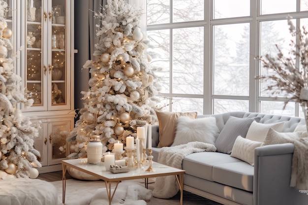 Acogedora sala de estar con árbol de Navidad y regalos rojos en un interior moderno Feliz fondo de Navidad